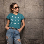 Load image into Gallery viewer, Young woman wearing a t-shirt that reads F C K W H T P W R
